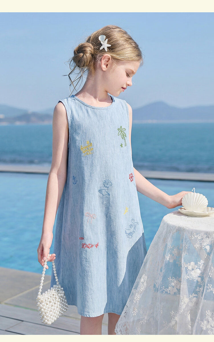 CHANZUIGOU Girls' Tencel Linen Denim Dress 2026 Summer New Elegant Printed Sleeveless Dress 16